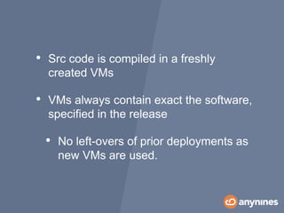 • Src code is compiled in a freshly
created VMs
• VMs always contain exact the software,
specified in the release
• No left-overs of prior deployments as
new VMs are used.
 