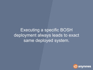 Executing a specific BOSH
deployment always leads to exact
same deployed system.
 