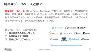 Copyright© Fixstars Group
時系列データベースとは︖
時系列データベース（Time Series Database, TSDB）は、時系列データの効率的な
格納、管理、検索、分析に特化したデータベース。時系列データは、時間とともに変
動するデータであり、センサーデータ、⾦融取引データ、気象データ、IoT デバイス
からのデータなど、多くの分野で利⽤されている。
時系列データベースの主な特徴︓
1. ⾼い書き込みスループット
2. 効率的なクエリ処理
3. 圧縮とアグリゲーション
12
出典：
https://blog.senx.io/which-time-series-database-suited-to-your-needs/
 