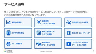 Copyright© Fixstars Group
サービス領域
様々な領域でソフトウェア⾼速化サービスを提供しています。⼤量データの⾼速処理は、
お客様の製品競争⼒の源泉となっています。
9
組込み⾼速化
画像処理・
アルゴリズム開発
分散並列システム開発
GPU向け⾼速化
FPGAを活⽤した
システム開発
量⼦コンピューティング
AI・深層学習
⾃動⾞向け
ソフトウェア開発
フラッシュメモリ向け
ファームウェア開発
 