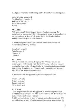 ! 24!
(ii).If yes, how can the post training feedbacks can help the participants?
Improve job performance 1
An aid to future planning 3
Motivate to do better 2
All of the above 14
None 0
ANALYSIS
70% respondent feel that the post training feedback can help the
participants to improve their job performance, is an aid to future planning
and can motivate to do better. It means that giving feedback of the
training, attended by them, benefits them.
7. Post training evaluation focus on result rather than on the effort
expended in conducting training.
Completely agree 14
Partially agree 6
Disagree 0
Unsure 0
ANALYSIS
70% respondents are completely agreed and 30% respondents are
partially agree with the statement that post training evaluation focus on
result rather than on the effort expended in conducting training program.
It means that the entire respondents are well aware of the purpose and
objective of the post training evaluation.
8. What should be the approach of post training evaluation?
Trainer centered 2
Trainee centered 2
Subject centered 8
All of the above 8
ANALYSIS
I. 40% respondents feel that the approach of post training evaluation
should be subject centered and 40% respondent also feel that it should be
trainer, trainee and subject centered.
II. 10% respondents are in favor of trainee-centered approach and 10%
respondents are in favor of trainer-centered approach. It means that the
 