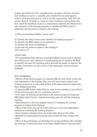 ! 26!
money and effort and 10% respondent are not agree with this. It means
that feedback exercise is valuable and worthful for the participant to
achieve their personal goal as well as for the organization. Still 10% are
unsure about it. So there is a need to create awareness among them that
how much the feedback exercise is important to identify the effectiveness
and valuation of the training program, to identify the ROI, need of
retraining and the points to improve the training.
12.The post training feedback can be used:
To identify the effectiveness and valuation of training program 3
To identify the ROI (return on investment) 2
To identify the need of retraining 0
To provide the points to improve the training 0
All of above 15
ANALYSIS
75% respondents feels that post training feedback can be used to identify
the effectiveness and valuation of training program, to identify the ROI,
to identify the need of retraining and to provide the points to improve the
training. And others are also aware of the importance of post training
feedback.
KEY FINDINGS
• Mostly all the kartavyayogis of corporate HR are well aware of the role
and importance of the training They are self motivated to attend such
training program as it will result in their skill enhancement & improving
their interpersonal skill.
• Corporate HR, Sahara India Pariwar, time to time training is provided to
all the kartavyayogis and it is continuous process.
• Two types of training are provided to the kartavyayogis by Corporate
HR Sahara India Pariwar -induction training and soft skill development
training.
• Questionnaire is the most popular mean of evaluating the training
program in Sahara India Pariwar.
• Most of the kartavyayogis feel that interview is the most appropriate
method of evaluating the training program.
• Post training evaluation focus on result rather than on the effort
expended in conducting the training and it worth the time, money and
effort.
• Most of the participants are benefitted by giving feedback after attended
the training. It motivated them to do better, helped them to increase their
 