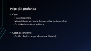 Palpação profunda
• Ceco
• Fossa ilíaca direita
• Mãos oblíquas, em forma de arco, utilizando borda ulnar
• Consistência elástica e piriforme
• Cólon ascendente
• Cordão cilíndrico (especialmente se dilatado)
 