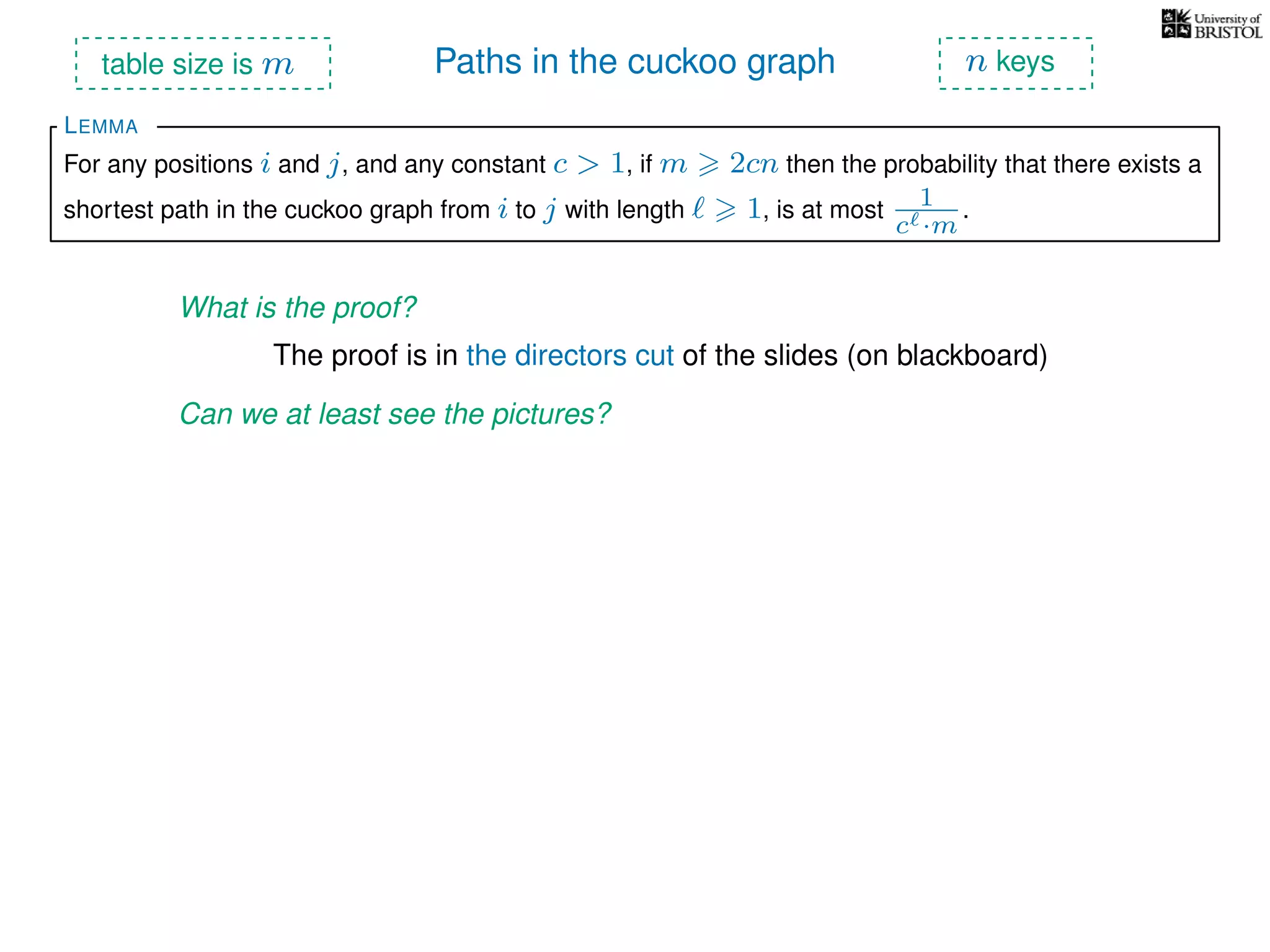 Paths in the cuckoo graph
For any positions i and j, and any constant c > 1, if m 2cn then the probability that there exists a
shortest path in the cuckoo graph from i to j with length 1, is at most 1
c ·m
.
LEMMA
table size is m n keys
What is the proof?
The proof is in the directors cut of the slides (on blackboard)
Can we at least see the pictures?
 