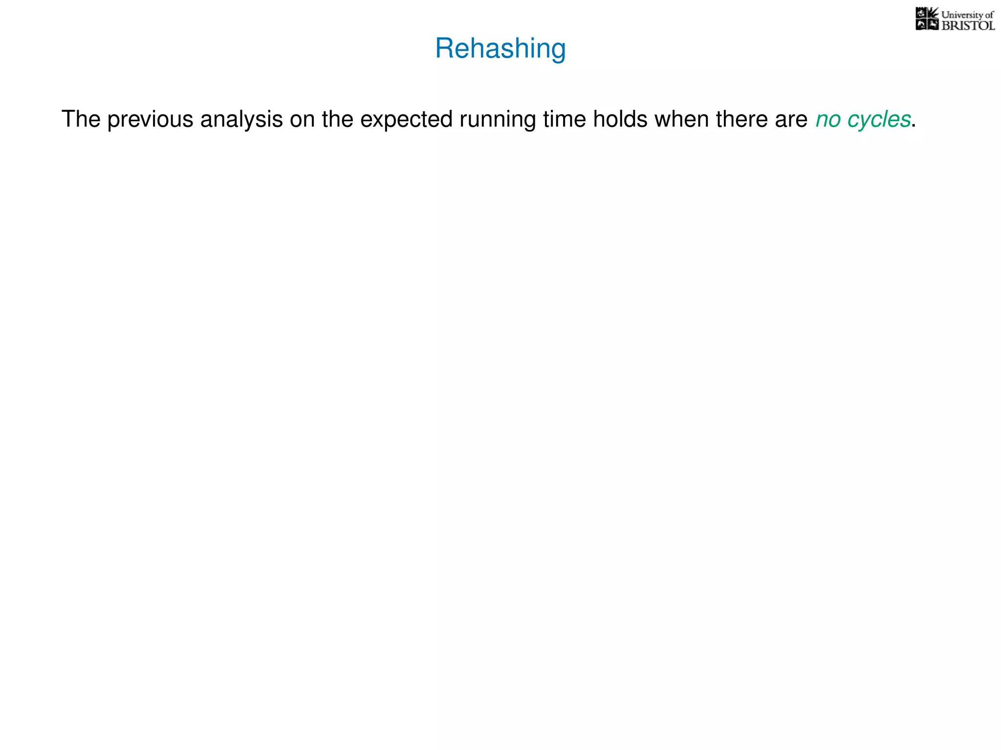 Rehashing
The previous analysis on the expected running time holds when there are no cycles.
 