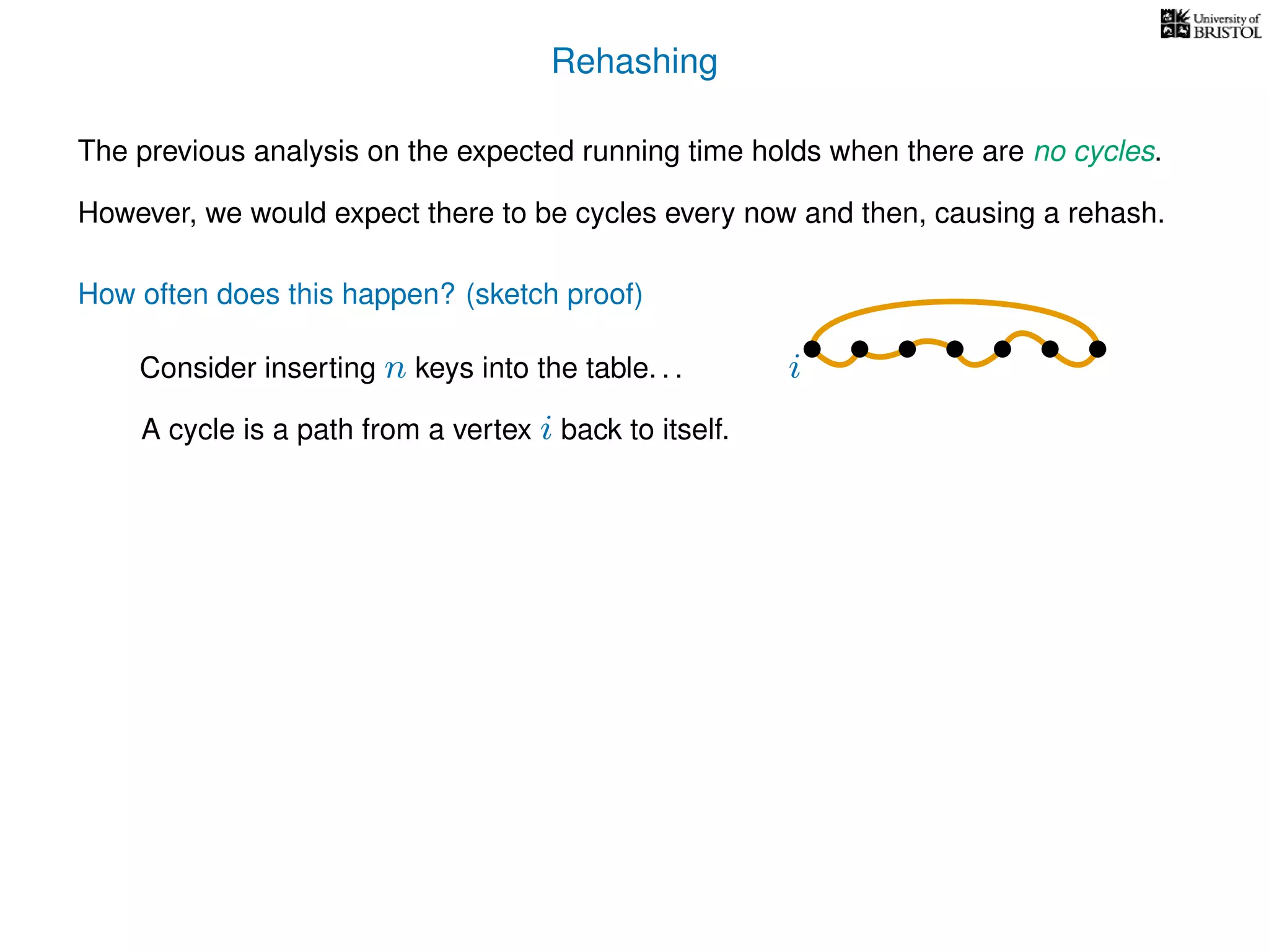 Rehashing
The previous analysis on the expected running time holds when there are no cycles.
However, we would expect there to be cycles every now and then, causing a rehash.
A cycle is a path from a vertex i back to itself.
How often does this happen? (sketch proof)
Consider inserting n keys into the table. . . i
 
