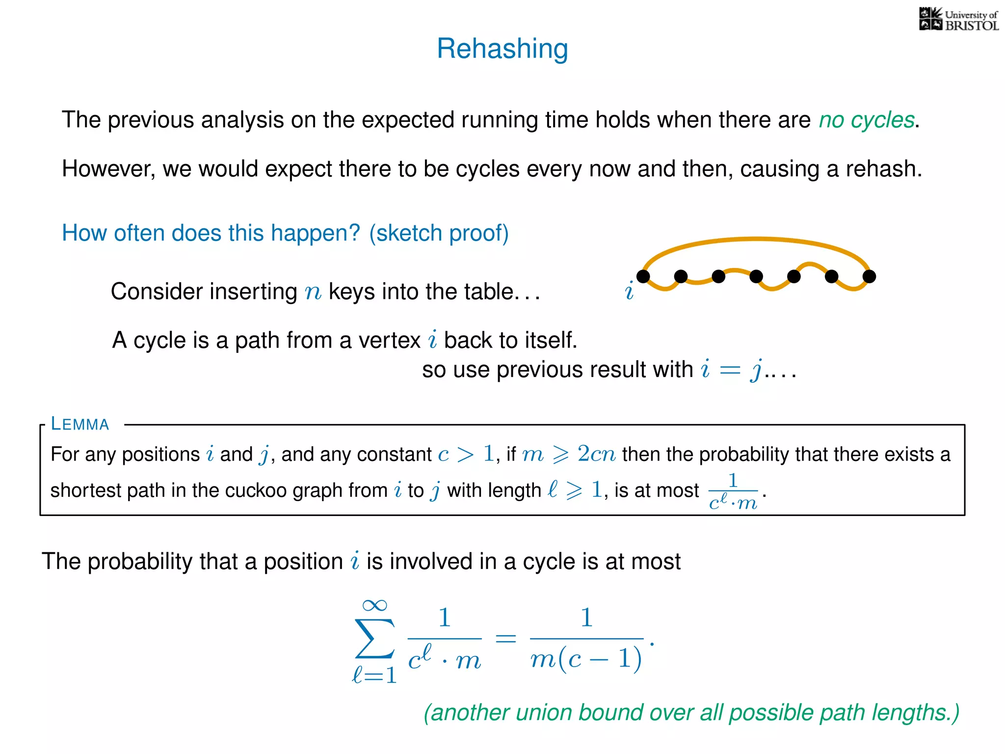 Rehashing
The previous analysis on the expected running time holds when there are no cycles.
However, we would expect there to be cycles every now and then, causing a rehash.
A cycle is a path from a vertex i back to itself.
How often does this happen? (sketch proof)
Consider inserting n keys into the table. . .
so use previous result with i = j.. . .
For any positions i and j, and any constant c > 1, if m 2cn then the probability that there exists a
shortest path in the cuckoo graph from i to j with length 1, is at most 1
c ·m
.
LEMMA
The probability that a position i is involved in a cycle is at most
∞
=1
1
c · m
=
1
m(c − 1)
.
(another union bound over all possible path lengths.)
i
 