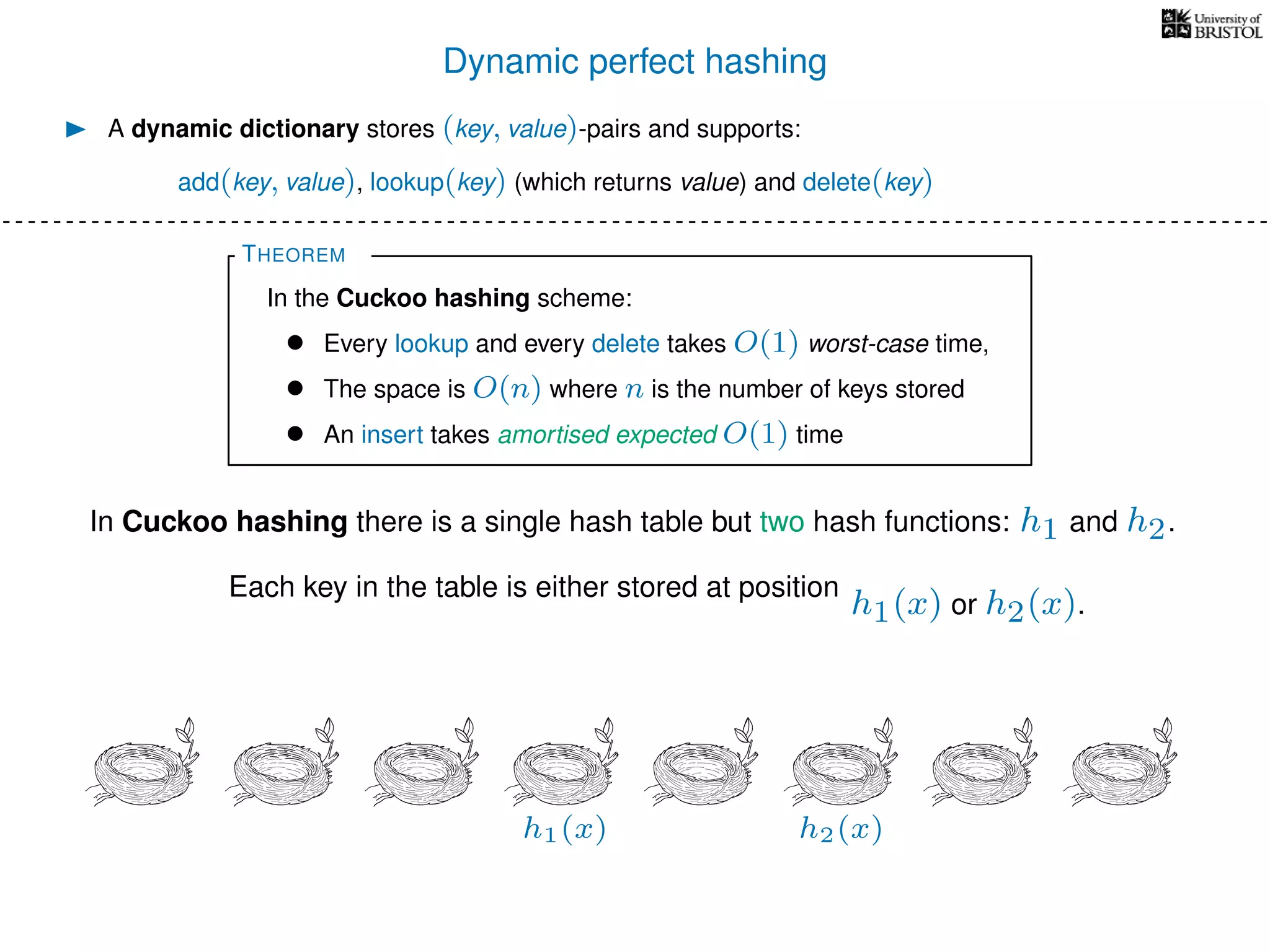 Dynamic perfect hashing
In Cuckoo hashing there is a single hash table but two hash functions: h1 and h2.
A dynamic dictionary stores (key, value)-pairs and supports:
add(key, value), lookup(key) (which returns value) and delete(key)
THEOREM
In the Cuckoo hashing scheme:
• Every lookup and every delete takes O(1) worst-case time,
• The space is O(n) where n is the number of keys stored
• An insert takes amortised expected O(1) time
Each key in the table is either stored at position
h1(x) or h2(x).
h1(x) h2(x)
 