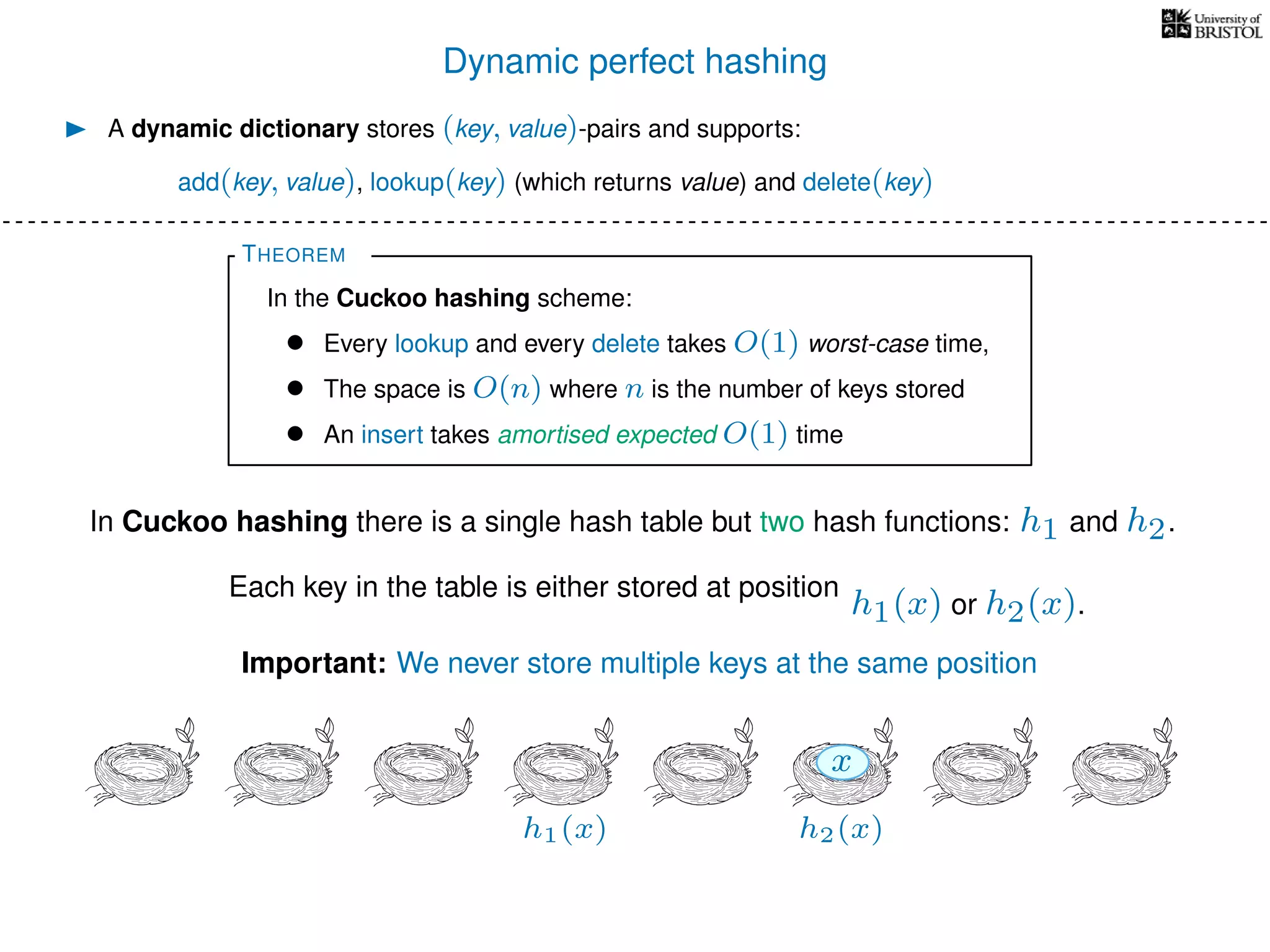 Dynamic perfect hashing
In Cuckoo hashing there is a single hash table but two hash functions: h1 and h2.
A dynamic dictionary stores (key, value)-pairs and supports:
add(key, value), lookup(key) (which returns value) and delete(key)
THEOREM
In the Cuckoo hashing scheme:
• Every lookup and every delete takes O(1) worst-case time,
• The space is O(n) where n is the number of keys stored
• An insert takes amortised expected O(1) time
Each key in the table is either stored at position
h1(x) or h2(x).
h1(x) h2(x)
x
Important: We never store multiple keys at the same position
 