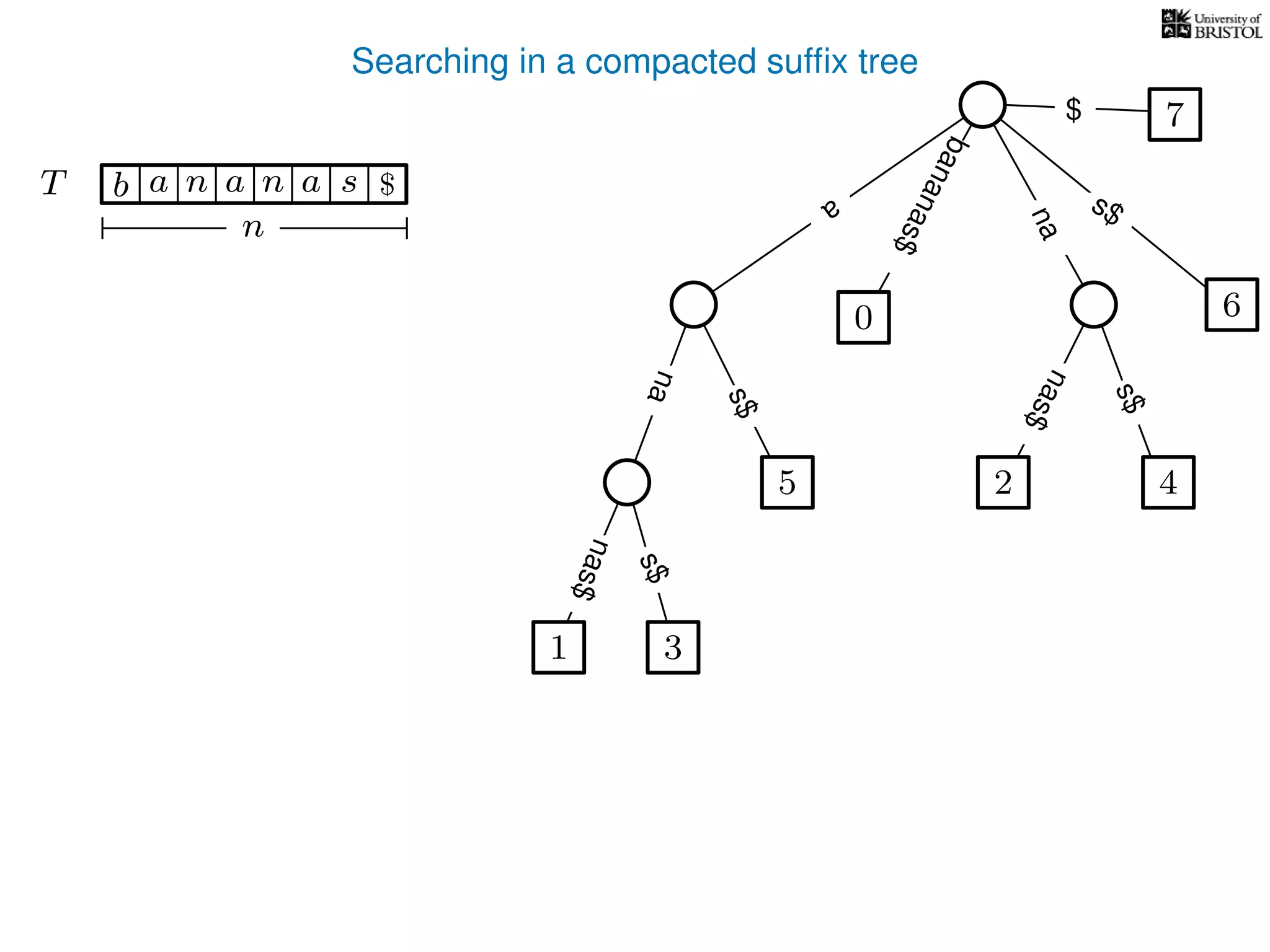 Searching in a compacted sufﬁx tree
TT b n aaa sn
n
$ a
s$
nas$
nas$
nas$
s$
na
s$
bananas$
7$
1 3
5
0
2 4
6
 
