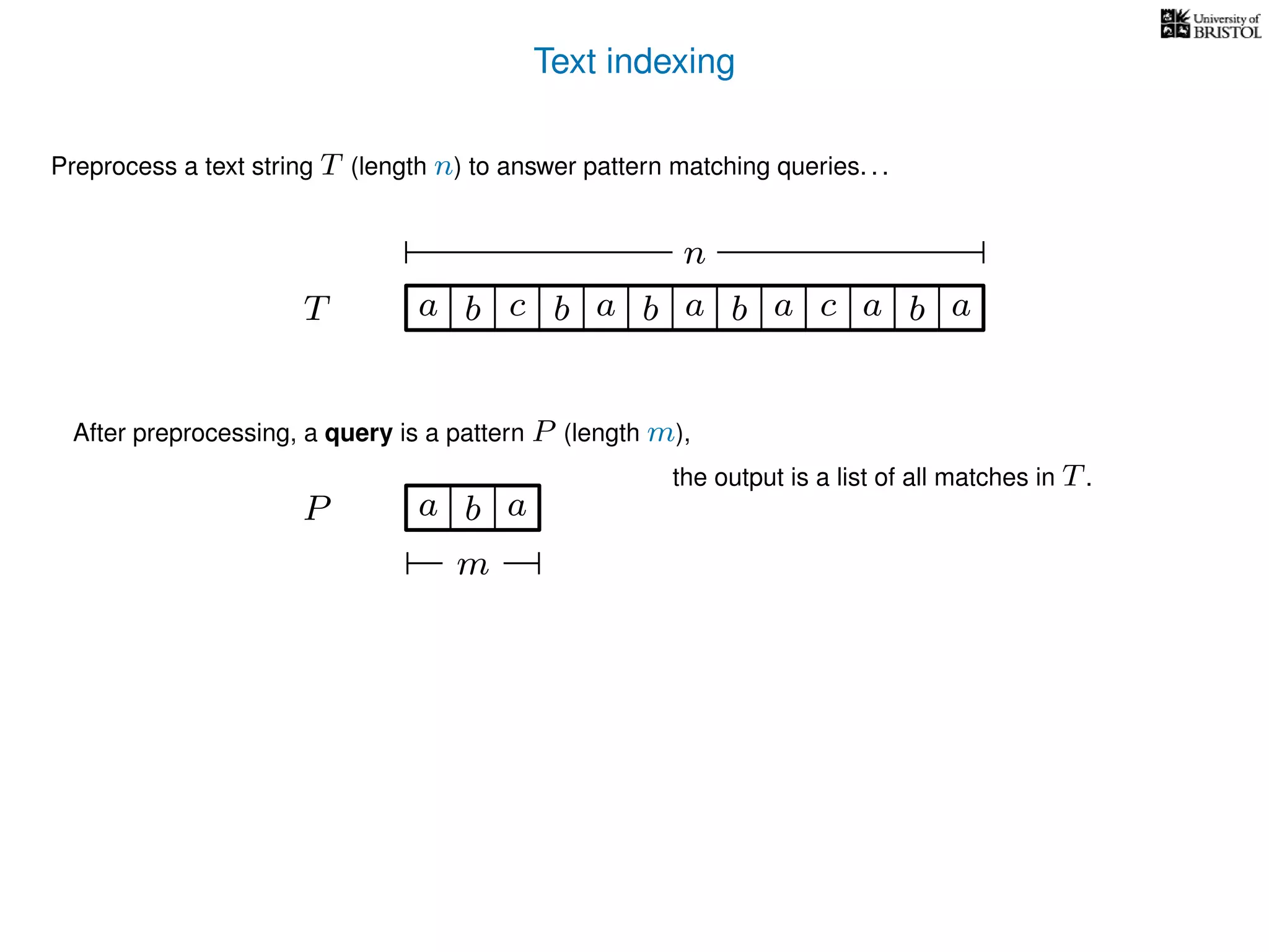 Text indexing
T
Preprocess a text string T (length n) to answer pattern matching queries. . .
ba b c a b a cb a a b a
n
After preprocessing, a query is a pattern P (length m),
P a b a
m
the output is a list of all matches in T.
 