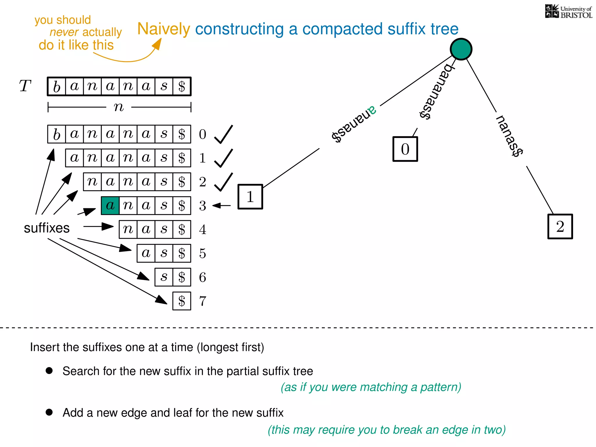 Naively constructing a compacted sufﬁx tree
Insert the sufﬁxes one at a time (longest ﬁrst)
• Search for the new sufﬁx in the partial sufﬁx tree
(as if you were matching a pattern)
• Add a new edge and leaf for the new sufﬁx
(this may require you to break an edge in two)
TT b n aaa sn
n
$
bananas$
b n aaa sn
n aaa sn
n aa sn
aa sn
a sn
a s
s
sufﬁxes
$
$
$
$
$
$
$
0
1
2
3
4
5
6
$ 7
0
1
ananas$
2
nanas$
ananas$
never actually
do it like this
you should
 