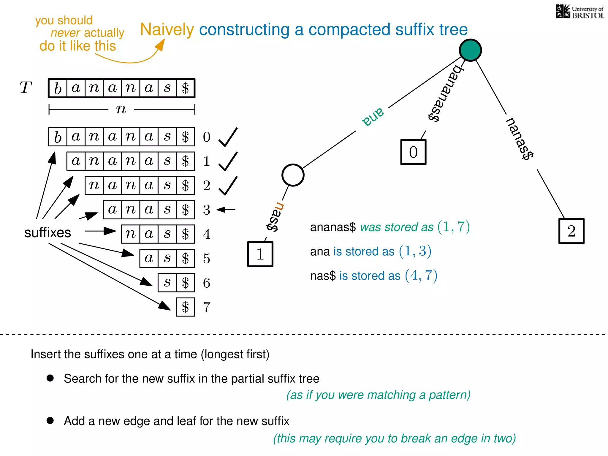 Naively constructing a compacted sufﬁx tree
Insert the sufﬁxes one at a time (longest ﬁrst)
• Search for the new sufﬁx in the partial sufﬁx tree
(as if you were matching a pattern)
• Add a new edge and leaf for the new sufﬁx
(this may require you to break an edge in two)
TT b n aaa sn
n
$
bananas$
b n aaa sn
n aaa sn
n aa sn
aa sn
a sn
a s
s
sufﬁxes
$
$
$
$
$
$
$
0
1
2
3
4
5
6
$ 7
0
2
nanas$
nas$
1
ana
nas$
ana
ananas$ was stored as (1, 7)
ana is stored as (1, 3)
nas$ is stored as (4, 7)
never actually
do it like this
you should
 