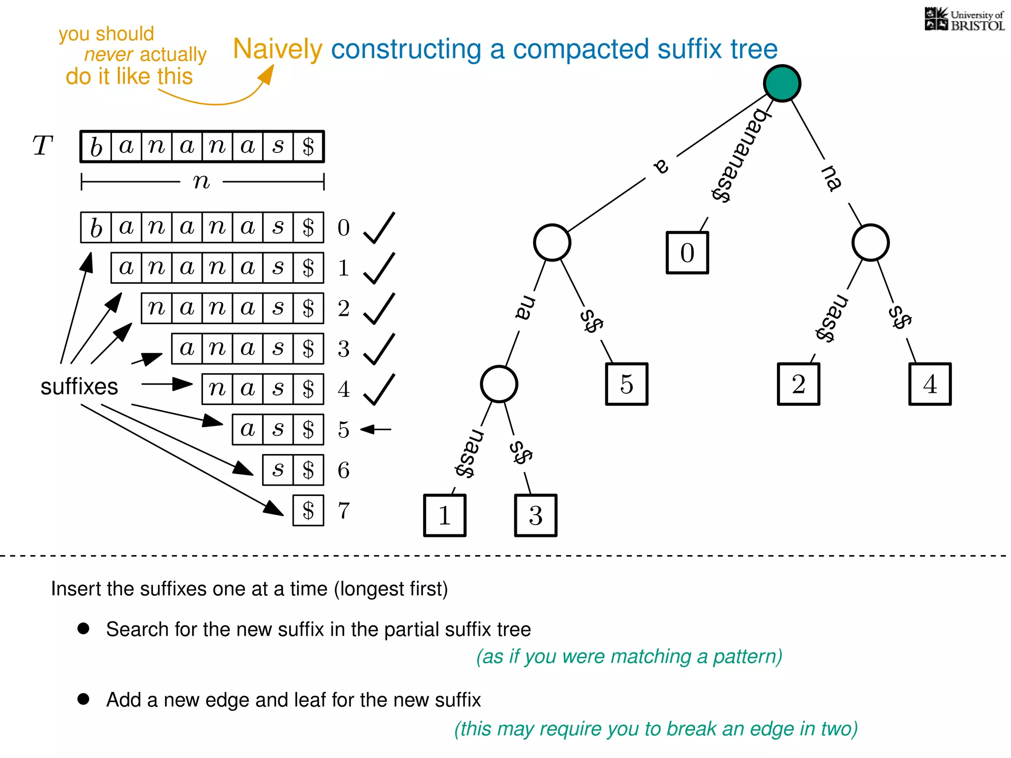 Naively constructing a compacted sufﬁx tree
Insert the sufﬁxes one at a time (longest ﬁrst)
• Search for the new sufﬁx in the partial sufﬁx tree
(as if you were matching a pattern)
• Add a new edge and leaf for the new sufﬁx
(this may require you to break an edge in two)
TT b n aaa sn
n
$ a
s$
nas$
nas$
s$
na
bananas$
b n aaa sn
n aaa sn
n aa sn
aa sn
a sn
a s
s
sufﬁxes
$
$
$
$
$
$
$
0
1
2
3
4
5
6
$ 7 1 3
5
0
2 4
nas$
never actually
do it like this
you should
 