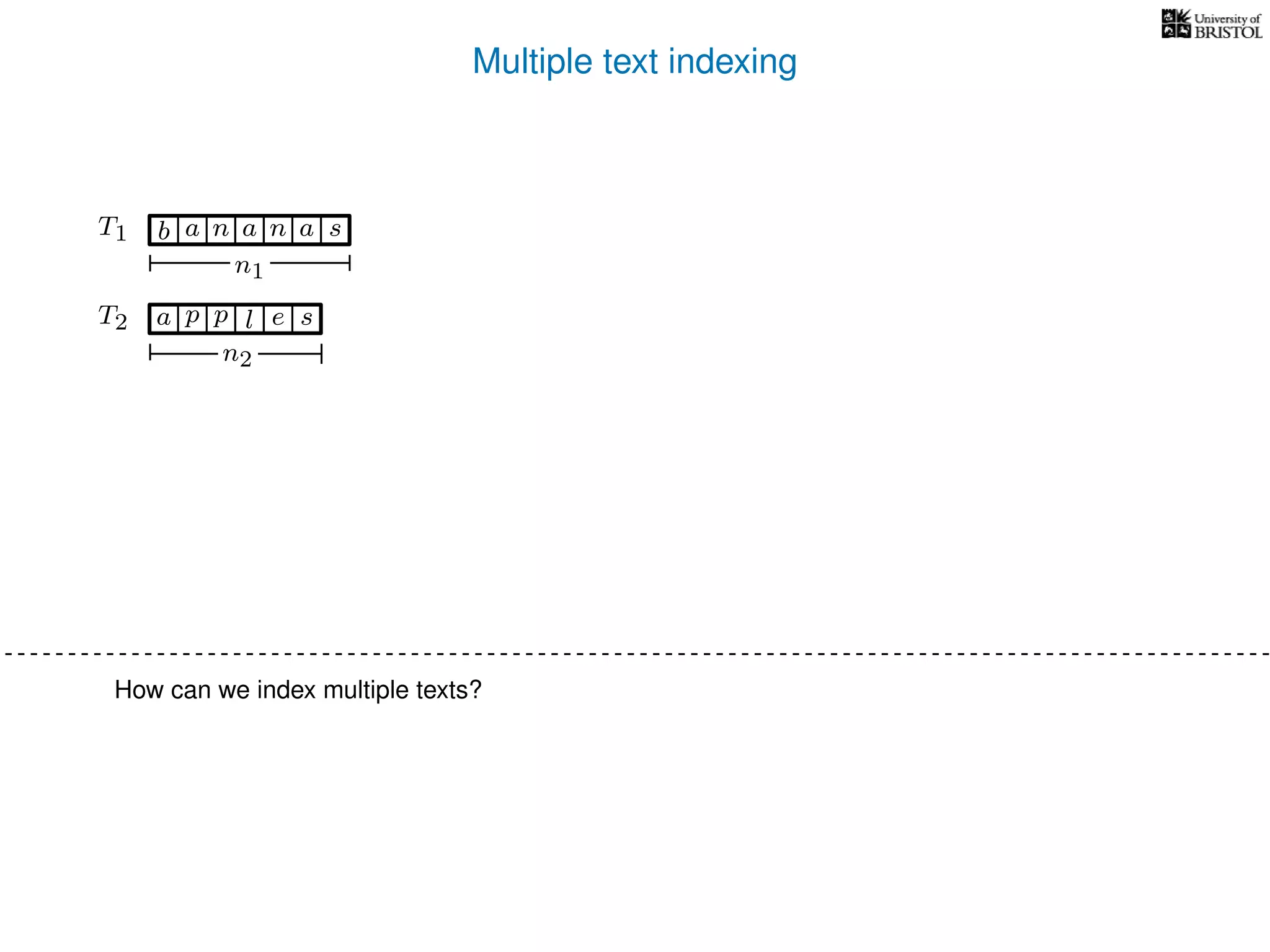 Multiple text indexing
T1 b n aaa sn
n1
T2 a p slp e
n2
How can we index multiple texts?
 