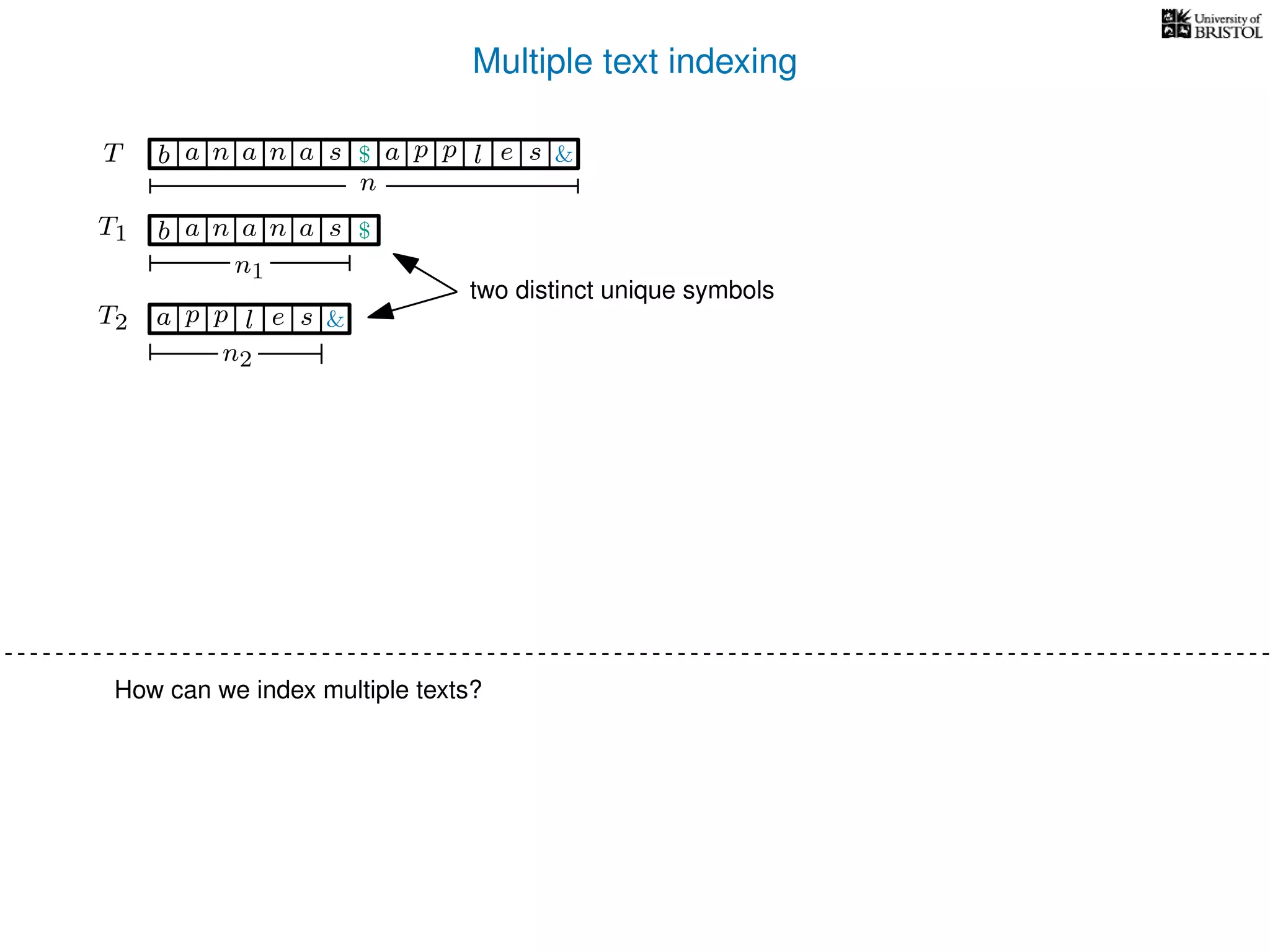 Multiple text indexing
TT
T1 b n aaa sn
n1
T2 a p slp e
n2
$
&
two distinct unique symbols
b n aaa sn $ a p slp e &
n
How can we index multiple texts?
 