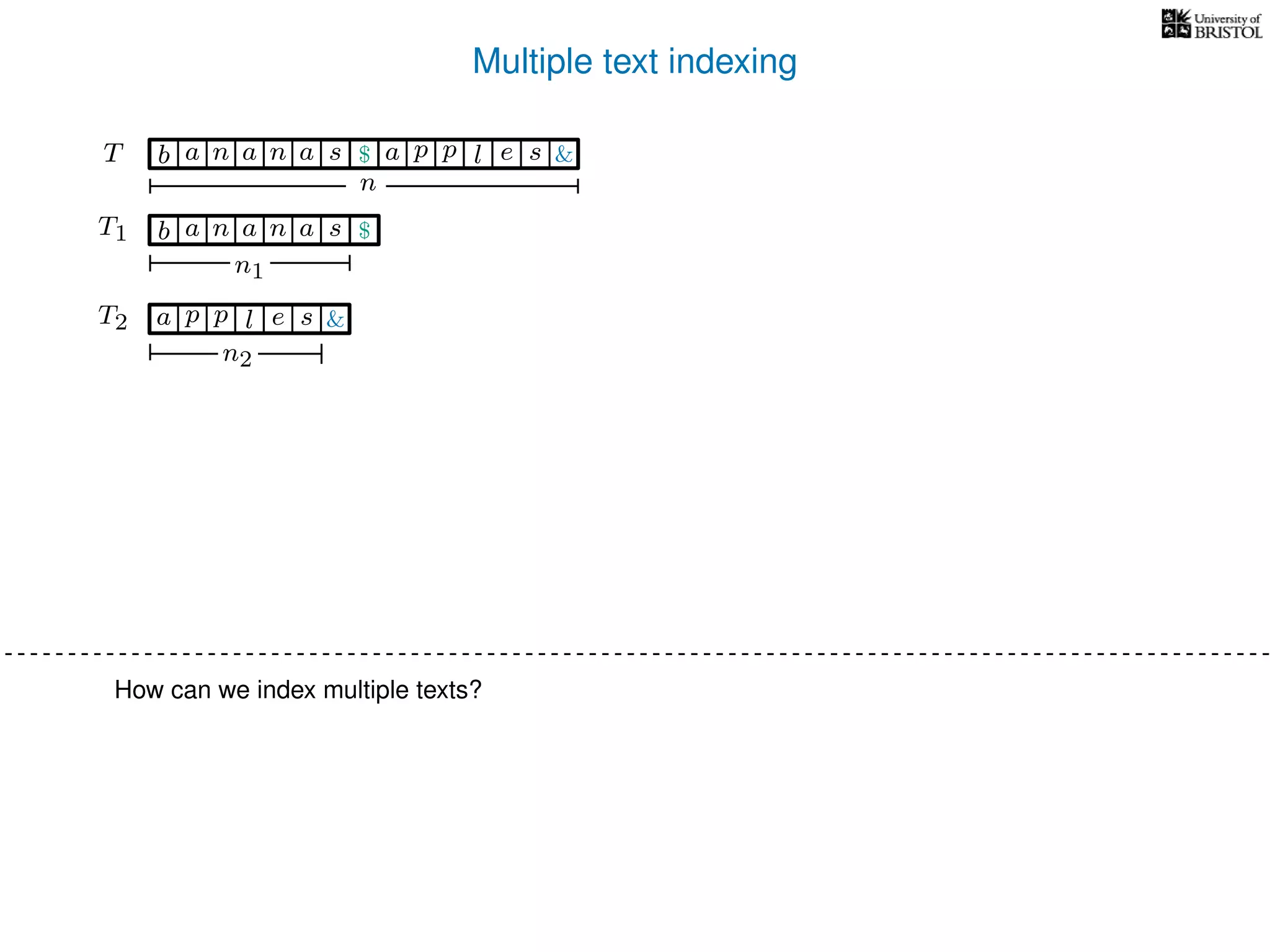 Multiple text indexing
TT
T1 b n aaa sn
n1
T2 a p slp e
n2
$
&
b n aaa sn $ a p slp e &
n
How can we index multiple texts?
 