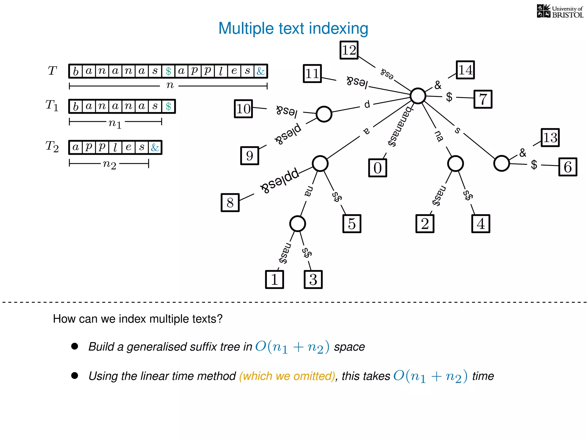 Multiple text indexing
6$
13
&
TT
a
s$
nas$
nas$
s$
na
s
bananas$
7$
1 3
5
0
2 4
nas$
T1 b n aaa sn
n1
T2 a p slp e
n2
$
&
b n aaa sn $ a p slp e &
n
• Build a generalised sufﬁx tree in O(n1 + n2) space
• Using the linear time method (which we omitted), this takes O(n1 + n2) time
14
&
12
es&
les&11
8
pples&
p
10 les&
9
ples&
How can we index multiple texts?
 