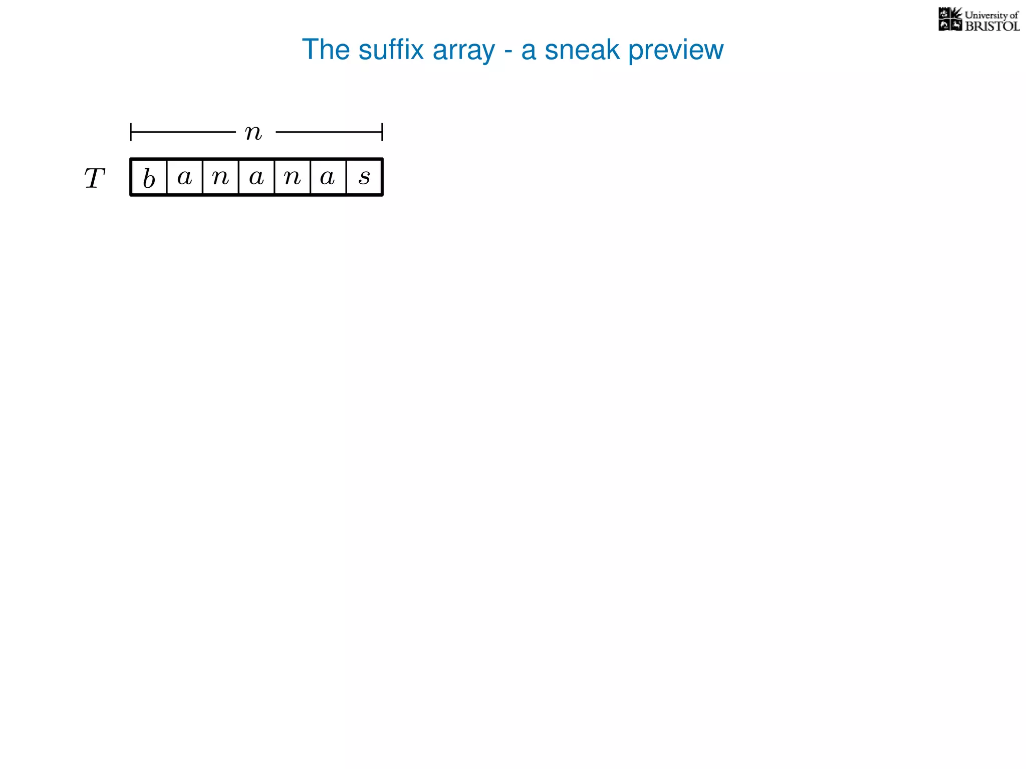 The sufﬁx array - a sneak preview
T b n aaT a sn
n
 