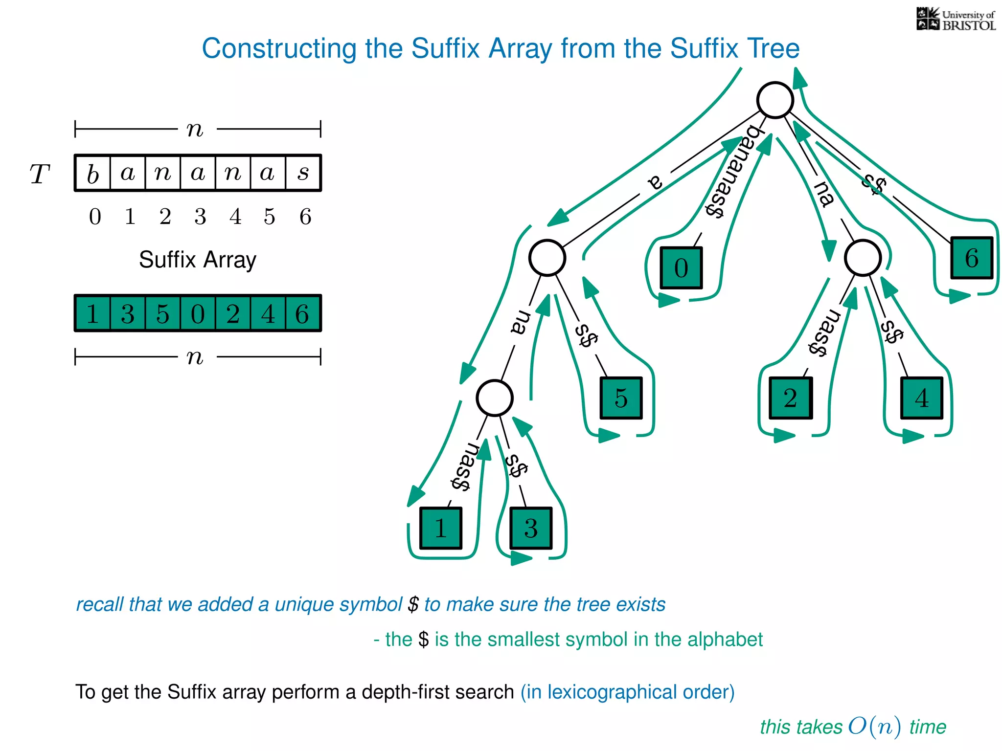 Constructing the Sufﬁx Array from the Sufﬁx Tree
a
s$
nas$
nas$
nas$
s$
na
s$
bananas$
1 3
5
0
2 4
6
T b n aaT a sn
n
Sufﬁx Array
recall that we added a unique symbol $ to make sure the tree exists
- the $ is the smallest symbol in the alphabet
1 0 625 43
n
To get the Sufﬁx array perform a depth-ﬁrst search (in lexicographical order)
this takes O(n) time
1 3
5
0
2 4
6
10 2 3 4 5 6
 