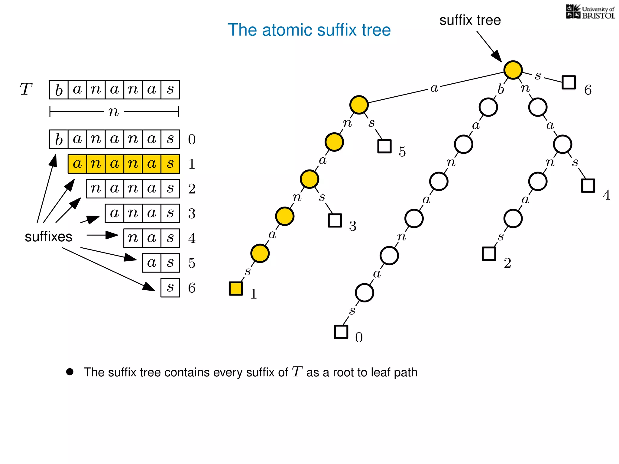 The atomic sufﬁx tree
sn
a
s
n
a
s
a
n
a
s
TT b n aaa sn
n
a
s
b n
a
sn
a
n
a
s
b n aaa sn
n aaa sn
n aa sn
aa sn
a sn
a s
s
sufﬁxes
sufﬁx tree
0
1
2
3
4
5
6
0
1
2
3
4
5
6
• The sufﬁx tree contains every sufﬁx of T as a root to leaf path
 