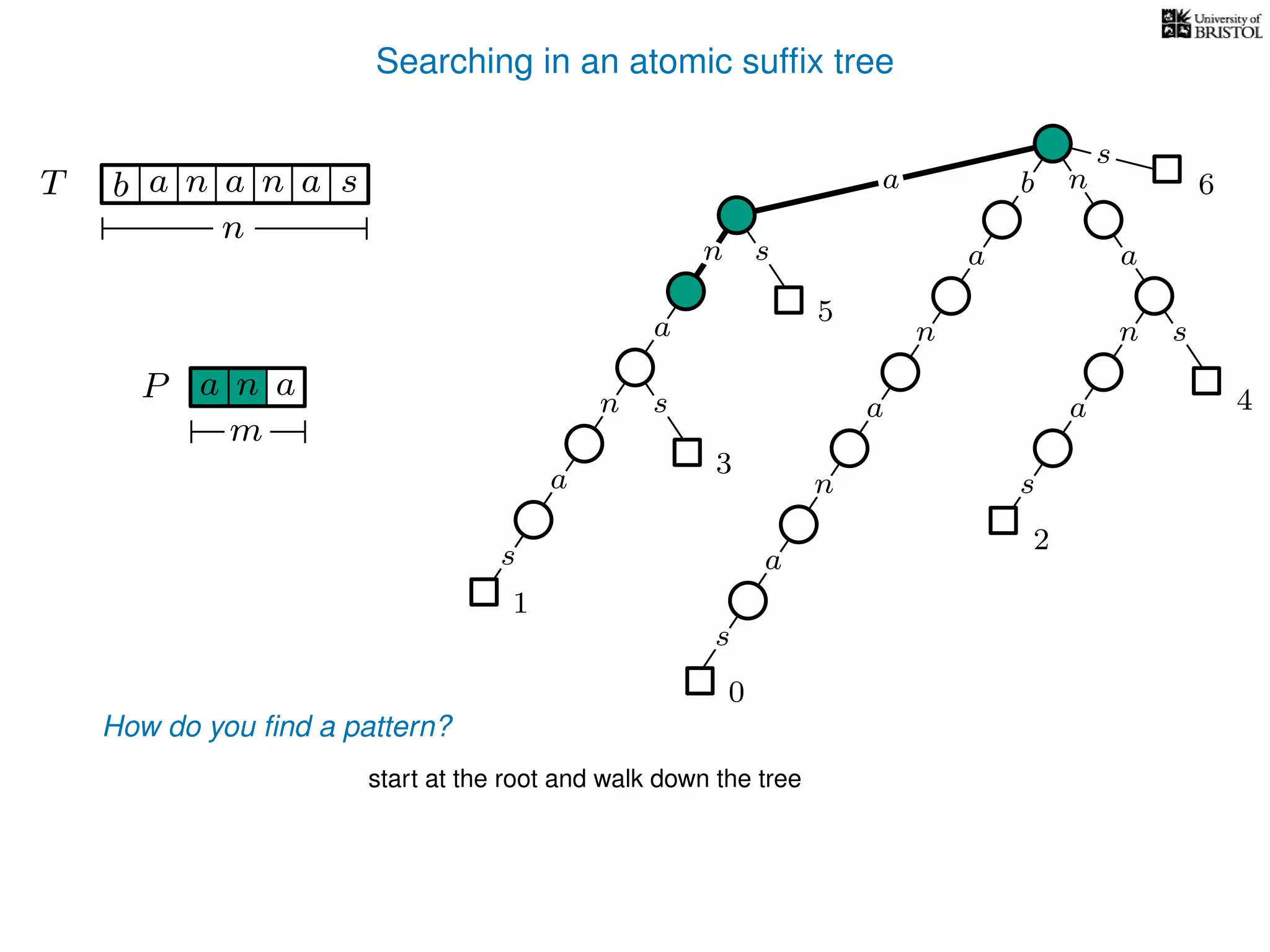 Searching in an atomic sufﬁx tree
sn
a
s
n
a
s
a
n
a
s
TT b n aaa sn
n
s
b n
a
sn
a
n
a
s
How do you ﬁnd a pattern?
0
1
2
3
4
5
P aa n
m
start at the root and walk down the tree
a 6
 