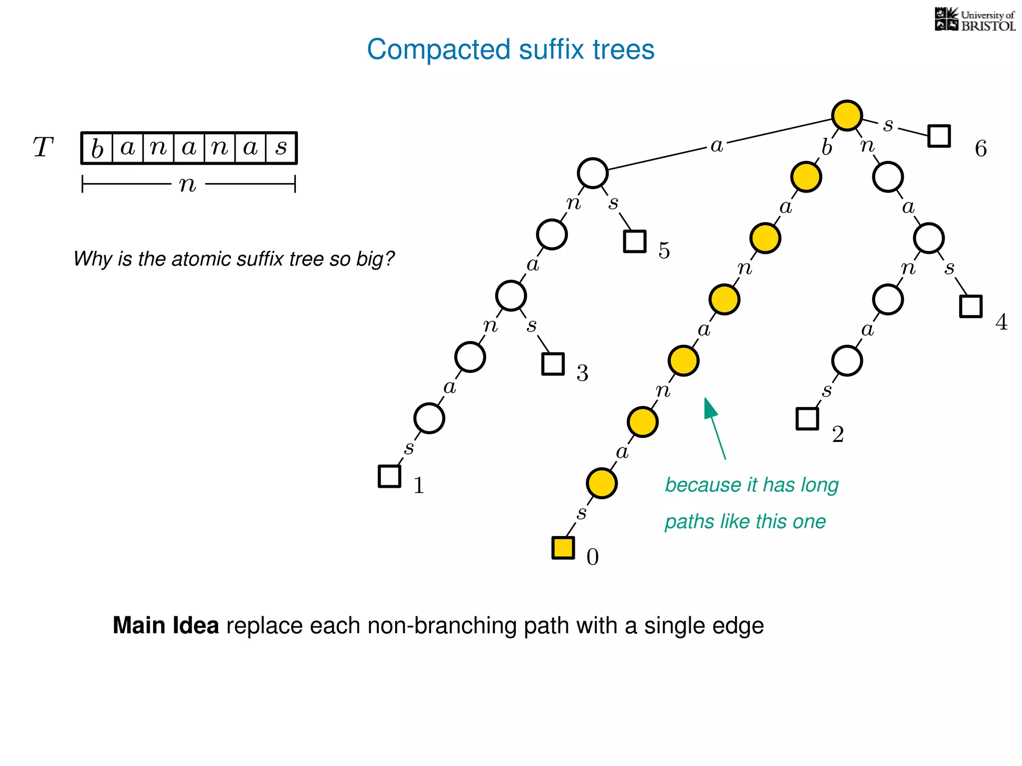 Compacted sufﬁx trees
sn
a
s
n
a
s
a
n
a
s
TT b n aaa sn
n
s
b n
a
sn
a
n
a
s
0
1
2
3
4
5
6a
Why is the atomic sufﬁx tree so big?
because it has long
paths like this one
Main Idea replace each non-branching path with a single edge
 