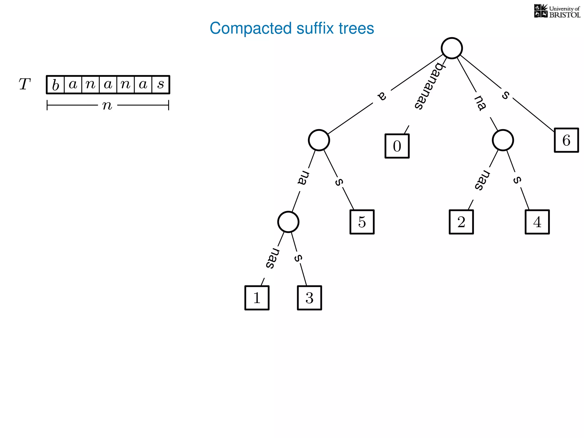 Compacted sufﬁx trees
TT b n aaa sn
n
a
s
nas
nas
nas
s
na
s
bananas
1 3
5
0
2 4
6
 