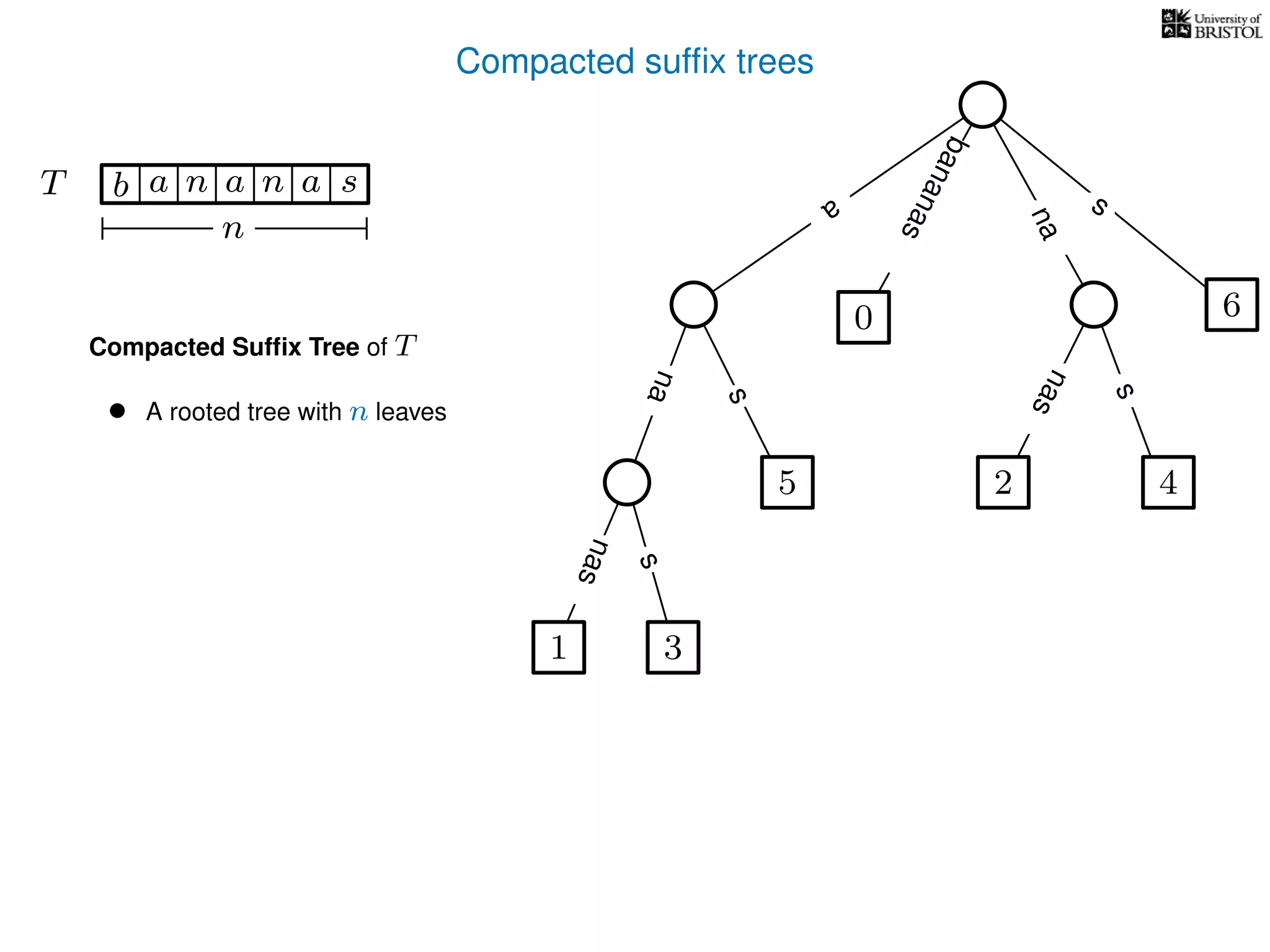 Compacted sufﬁx trees
TT b n aaa sn
n
a
s
nas
nas
nas
s
na
s
bananas
Compacted Sufﬁx Tree of T
• A rooted tree with n leaves
1 3
5
0
2 4
6
 