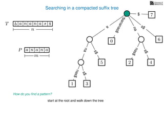 Searching in a compacted sufﬁx tree
How do you ﬁnd a pattern?
P aa n
m
start at the root and walk down the tree
TT b n aaa sn
n
$ a
s$
nas$
nas$
nas$
s$
na
s$
bananas$
7$
an
1 3
5
0
2 4
6
 