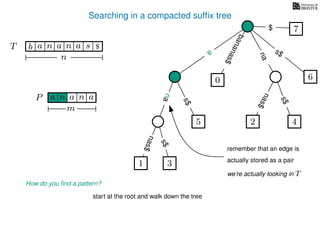 Searching in a compacted sufﬁx tree
How do you ﬁnd a pattern?
P aa n
m
start at the root and walk down the tree
TT b n aaa sn
n
$ a
s$
nas$
nas$
nas$
s$
na
s$
bananas$
7$
a
na
an
1 3
5
0
2 4
6
remember that an edge is
actually stored as a pair
we’re actually looking in T
 