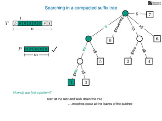 Searching in a compacted sufﬁx tree
How do you ﬁnd a pattern?
P aa n
m
start at the root and walk down the tree
. . . matches occur at the leaves of the subtree
1
TT b n aaa sn
n
$ a
s$
nas$
nas$
nas$
s$
na
s$
bananas$
7$
a
na
an
na
nas$
nas$
1 3
5
0
2 4
6
 