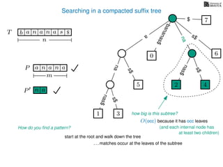 Searching in a compacted sufﬁx tree
How do you ﬁnd a pattern?
P aa n
m
start at the root and walk down the tree
. . . matches occur at the leaves of the subtree
P n a
TT b n aaa sn
n
$ a
s$
nas$
nas$
nas$
s$
na
s$
bananas$
7$
an
nana
how big is this subtree?
O(occ) because it has occ leaves
1 3
5
0
2 4
6
(and each internal node has
at least two children)
 