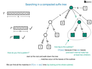 Searching in a compacted sufﬁx tree
How do you ﬁnd a pattern?
P aa n
m
start at the root and walk down the tree
. . . matches occur at the leaves of the subtree
We can ﬁnd all the matches in O(m + occ) time (by looking at the whole subtree)
P n a
TT b n aaa sn
n
$ a
s$
nas$
nas$
nas$
s$
na
s$
bananas$
7$
an
nana
how big is this subtree?
O(occ) because it has occ leaves
1 3
5
0
2 4
6
(and each internal node has
at least two children)
 