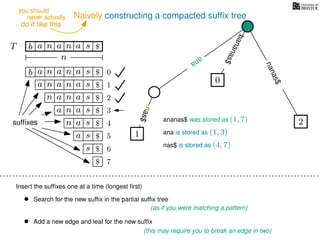 Naively constructing a compacted sufﬁx tree
Insert the sufﬁxes one at a time (longest ﬁrst)
• Search for the new sufﬁx in the partial sufﬁx tree
(as if you were matching a pattern)
• Add a new edge and leaf for the new sufﬁx
(this may require you to break an edge in two)
TT b n aaa sn
n
$
bananas$
b n aaa sn
n aaa sn
n aa sn
aa sn
a sn
a s
s
sufﬁxes
$
$
$
$
$
$
$
0
1
2
3
4
5
6
$ 7
0
2
nanas$
nas$
1
ana
nas$
ana
ananas$ was stored as (1, 7)
ana is stored as (1, 3)
nas$ is stored as (4, 7)
never actually
do it like this
you should
 