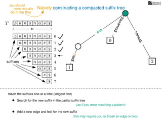 Naively constructing a compacted sufﬁx tree
Insert the sufﬁxes one at a time (longest ﬁrst)
• Search for the new sufﬁx in the partial sufﬁx tree
(as if you were matching a pattern)
• Add a new edge and leaf for the new sufﬁx
(this may require you to break an edge in two)
TT b n aaa sn
n
$
bananas$
b n aaa sn
n aaa sn
n aa sn
aa sn
a sn
a s
s
sufﬁxes
$
$
$
$
$
$
$
0
1
2
3
4
5
6
$ 7
0
2
nanas$
nas$
1
ana
nas$
ana
never actually
do it like this
you should
 