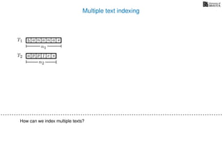 Multiple text indexing
T1 b n aaa sn
n1
T2 a p slp e
n2
How can we index multiple texts?
 