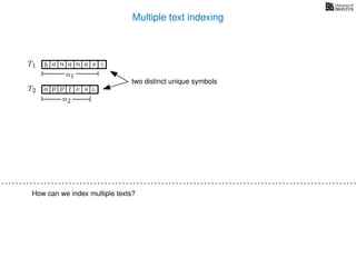 Multiple text indexing
T1 b n aaa sn
n1
T2 a p slp e
n2
$
&
two distinct unique symbols
How can we index multiple texts?
 