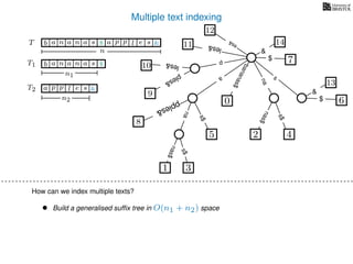 Multiple text indexing
6$
13
&
TT
a
s$
nas$
nas$
s$
na
s
bananas$
7$
1 3
5
0
2 4
nas$
T1 b n aaa sn
n1
T2 a p slp e
n2
$
&
b n aaa sn $ a p slp e &
n
• Build a generalised sufﬁx tree in O(n1 + n2) space
14
&
12
es&
les&11
8
pples&
p
10 les&
9
ples&
How can we index multiple texts?
 
