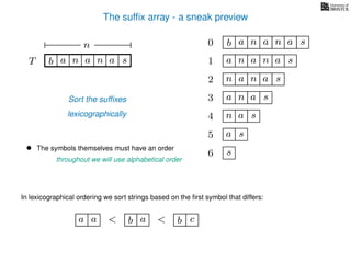 The sufﬁx array - a sneak preview
T b n aaT a sn
n 0 b n aaa sn
n aa1 a sn
2 n aa sn
4 a sn
5 a s
6 s
Sort the sufﬁxes
lexicographically
3 aa sn
• The symbols themselves must have an order
throughout we will use alphabetical order
In lexicographical ordering we sort strings based on the ﬁrst symbol that differs:
b a<a a b c<
 