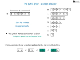 The sufﬁx array - a sneak preview
T b n aaT a sn
n 0 b n aaa sn
n aa1 a sn
2 n aa sn
4 a sn
5 a s
6 s
Sort the sufﬁxes
lexicographically
3 aa sn
• The symbols themselves must have an order
throughout we will use alphabetical order
In lexicographical ordering we sort strings based on the ﬁrst symbol that differs:
b a<a a b c< b c< a
 