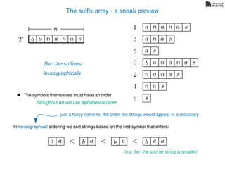 The sufﬁx array - a sneak preview
T b n aaT a sn
n
Sort the sufﬁxes
lexicographically
0 b n aaa sn
n aa1 a sn
2 n aa sn
4 a sn
5 a s
6 s
3 aa sn
• The symbols themselves must have an order
throughout we will use alphabetical order
b a<a a b c< b c< a
(in a ‘tie’, the shorter string is smaller)
just a fancy name for the order the strings would appear in a dictionary
In lexicographical ordering we sort strings based on the ﬁrst symbol that differs:
 