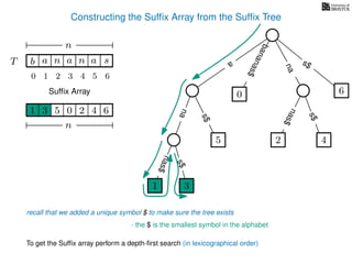 Constructing the Sufﬁx Array from the Sufﬁx Tree
a
s$
nas$
nas$
nas$
s$
na
s$
bananas$
1 3
5
0
2 4
6
T b n aaT a sn
n
Sufﬁx Array
recall that we added a unique symbol $ to make sure the tree exists
- the $ is the smallest symbol in the alphabet
1 0 625 43
n
To get the Sufﬁx array perform a depth-ﬁrst search (in lexicographical order)
1 3
10 2 3 4 5 6
 
