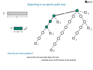 Searching in an atomic sufﬁx tree
sn
a
s
n
a
s
a
n
a
s
TT b n aaa sn
n
s
b n
a
sn
a
n
a
s
How do you ﬁnd a pattern?
0
1
2
3
4
5
P aa n
m
start at the root and walk down the tree
a
. . . matches occur at the leaves of the subtree
6
 