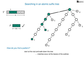 Searching in an atomic sufﬁx tree
sn
a
s
n
a
s
a
n
a
s
TT b n aaa sn
n
s
b n
a
sn
a
n
a
s
How do you ﬁnd a pattern?
0
1
2
3
4
5
P aa n
m
start at the root and walk down the tree
a
. . . matches occur at the leaves of the subtree
1
6
 