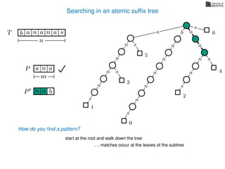 Searching in an atomic sufﬁx tree
sn
a
s
n
a
s
a
n
a
s
TT b n aaa sn
n
s
b n
a
sn
a
n
a
s
How do you ﬁnd a pattern?
0
1
2
3
4
5
P aa n
m
start at the root and walk down the tree
a
. . . matches occur at the leaves of the subtree
P bn a
6
 