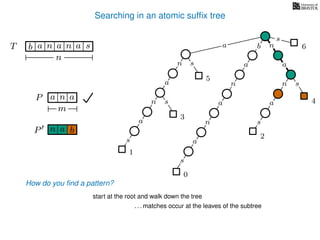 Searching in an atomic sufﬁx tree
sn
a
s
n
a
s
a
n
a
s
TT b n aaa sn
n
s
b n
a
sn
a
n
a
s
How do you ﬁnd a pattern?
0
1
2
3
4
5
P aa n
m
start at the root and walk down the tree
a
. . . matches occur at the leaves of the subtree
P bn a
6
 
