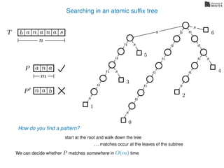 Searching in an atomic sufﬁx tree
sn
a
s
n
a
s
a
n
a
s
TT b n aaa sn
n
s
b n
a
sn
a
n
a
s
How do you ﬁnd a pattern?
0
1
2
3
4
5
P aa n
m
start at the root and walk down the tree
a
. . . matches occur at the leaves of the subtree
We can decide whether P matches somewhere in O(m) time
P bn a
6
 