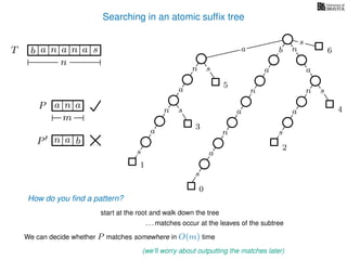 Searching in an atomic sufﬁx tree
sn
a
s
n
a
s
a
n
a
s
TT b n aaa sn
n
s
b n
a
sn
a
n
a
s
How do you ﬁnd a pattern?
0
1
2
3
4
5
P aa n
m
start at the root and walk down the tree
a
. . . matches occur at the leaves of the subtree
We can decide whether P matches somewhere in O(m) time
(we’ll worry about outputting the matches later)
P bn a
6
 