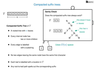 Compacted sufﬁx trees
TT b n aaa sn
n
a
s
nas
nas
nas
s
na
s
bananas
Compacted Sufﬁx Tree of T
Uses O(n) space
• A rooted tree with n leaves
• Every internal node has
two or more children
• Every edge is labelled
with a substring
• No two edges leaving the same node have the same ﬁrst character
• Each leaf is labelled with a location in T
• Any root-to-leaf path spells out the corresponding sufﬁx
1 3
5
0
2 4
6
Sanity Check
Does the compacted sufﬁx tree always exist?
TT b b this doesn’t have
n leavesbb
TT b b $ b$
$ b$
this has n
leaves
 